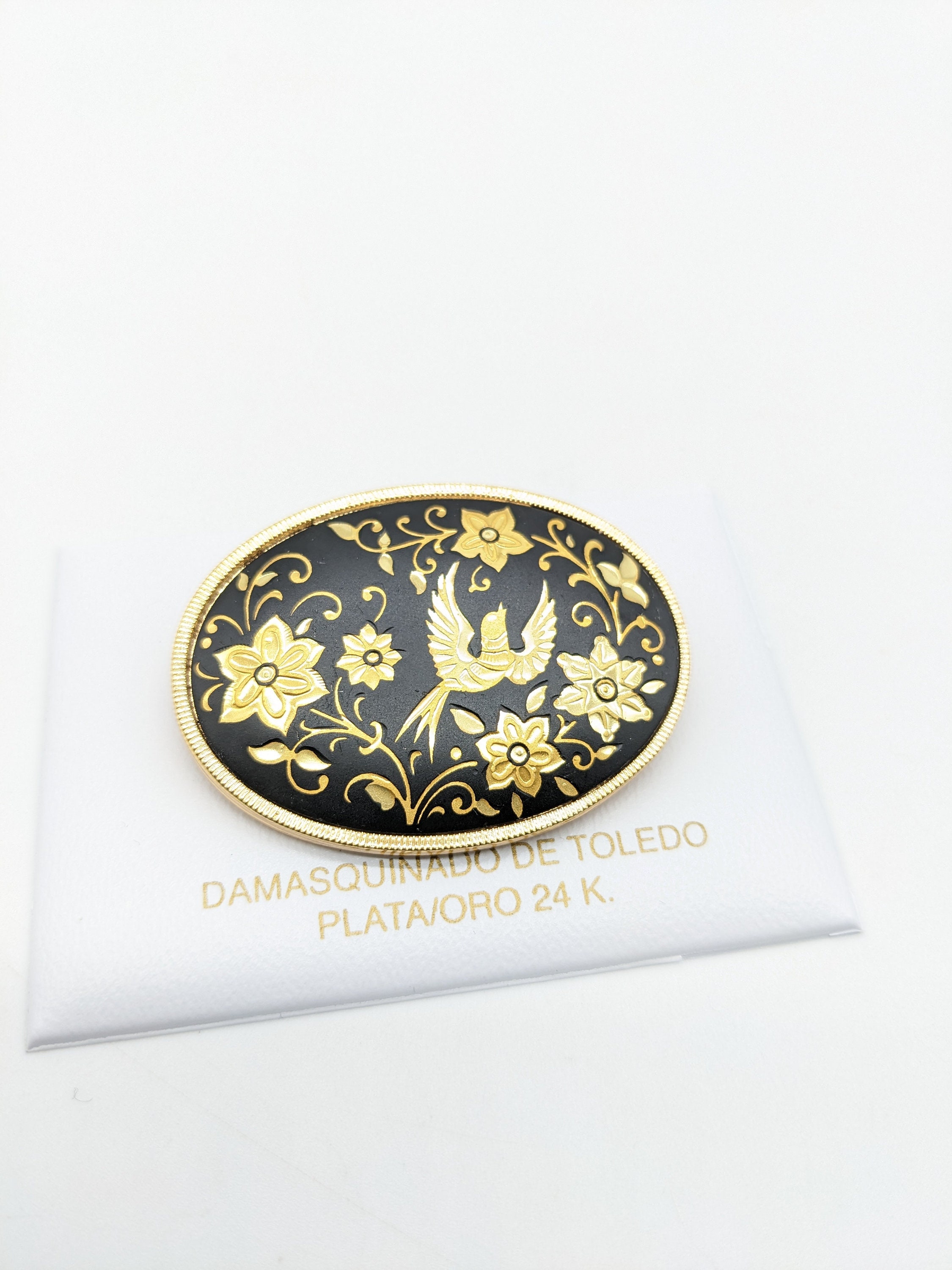 Pendentif Vintage Or De Tolède Damascène - Motif Floral Et Oiseau - Espagne - 4.8 Cm
