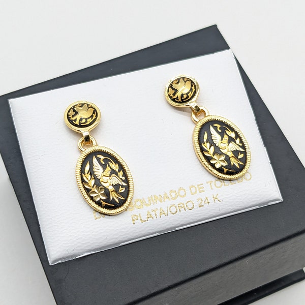 Vintage Damascene Spanish small drop earrings Spain 24K Gold & Steel- Flowers and birds
