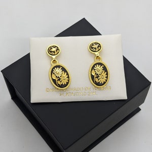 Vintage Damascene Spanish small drop earrings Spain 24K Gold & Steel-Two flowers