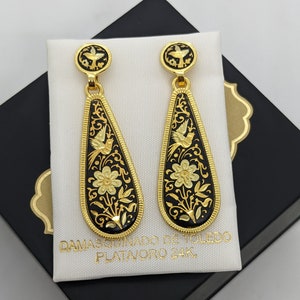 Damascene Spanish long drop earrings Spain 24K Gold & Steel -Flowers