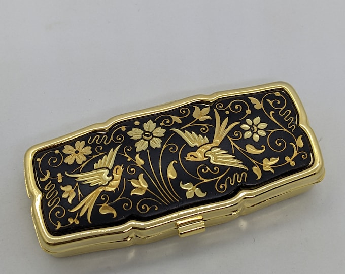Vintage Damascene Spanish Rectangular Pill Box for Purse Pill Case From Spain 24K Gold & Steel