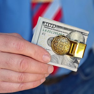 Pinza para billetes vintage de Damasco: incrustación de oro de 24 quilates, tarjetero de acero español