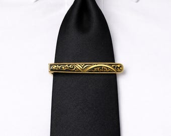 Elegante y sofisticado clip de corbata de damasco: incrustación de oro de 24 quilates, clip de acero español para hombre o mujer
