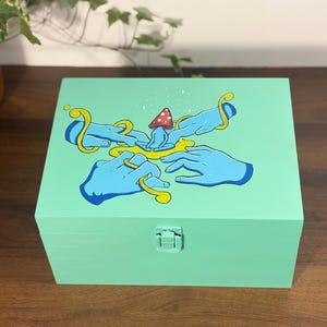 Caja para liar XL pintada a mano / Kit de almacenamiento de arte con setas / Set de regalo de tarros de madera personalizados para guardar y guardar artículos para fumar