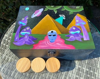 Caja de almacenamiento pintada a mano: paisaje extraterrestre de ciencia ficción, set de regalo con bandeja para liar