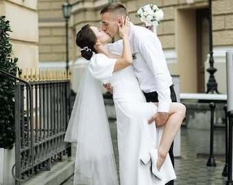Velo de novia de dos capas con velo corto / Velo de novia largo de tul suave