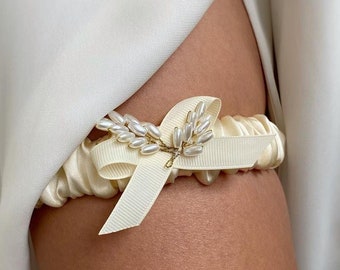 Elegant Satin Bridal Garter – White or Ivory Wedding Garter with Pearl Branch Accents