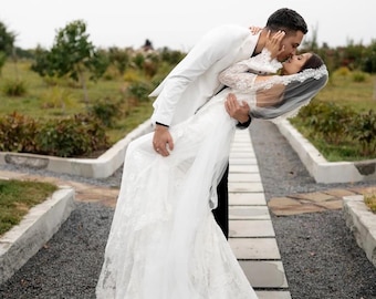 Velo de novia de encaje Chantilly - Velo de novia de tul de dos niveles con rubor