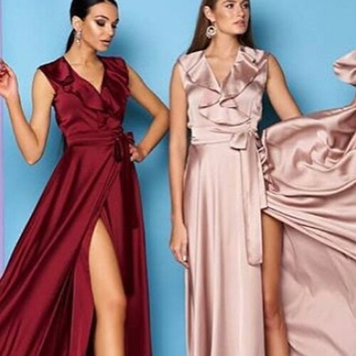 Satin bridesmaid dress Long wrap imitation dress Satin maxi dress Burgundy bridesmaid dress