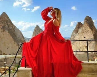 long flowy red dress