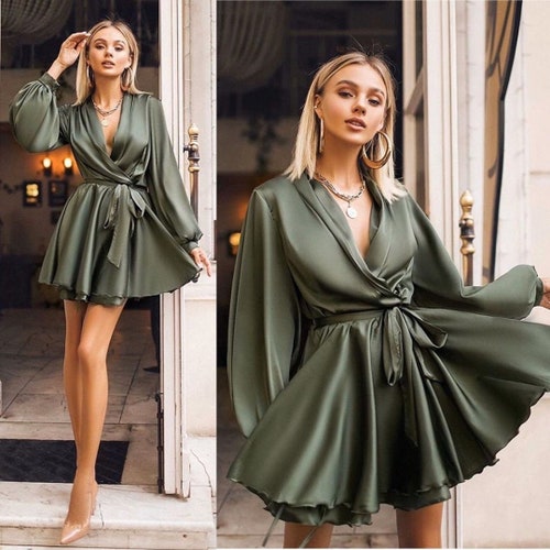 Green Cocktail Dress Mini Party Dress Mini Dress Long Sleeves Etsy