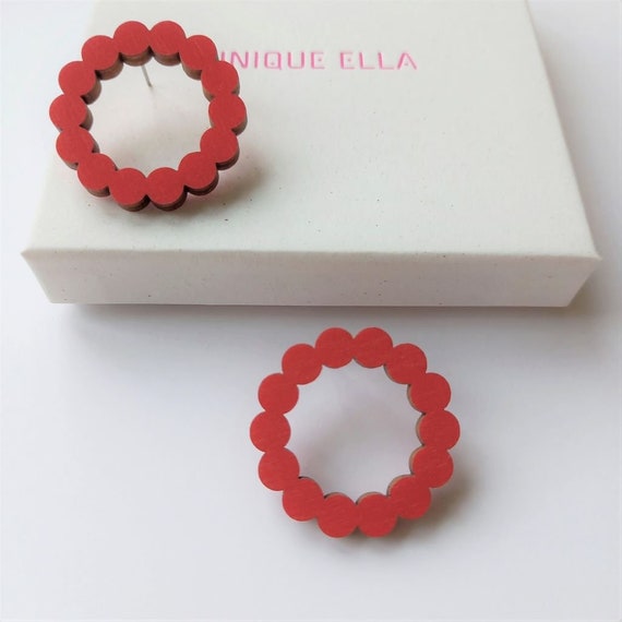 Christmas Stud Earrings, Red Hoop Studs, Round Design, Christmas Gift For Her, Xmas Wreath