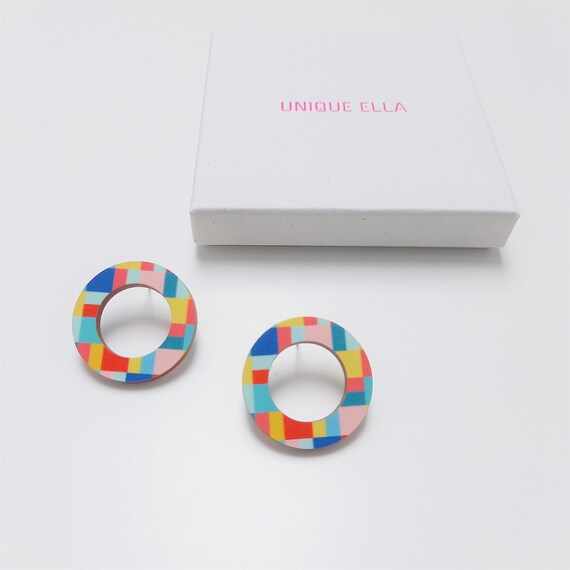Trendy Loop Stud Earrings UK, Colourful Bright Block Design, Fun Statement Earrings, Birthday Gift for Her
