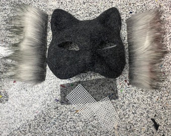 Effen houtskool vilten Therian kattenmasker & grijze bontkit - klaar om te verzenden!
