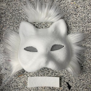 Premade Plain felted Therian cat mask white fur white eyes