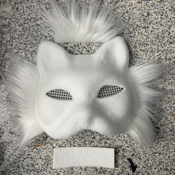 Premade Plain felted Therian cat mask white fur white eyes