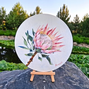 Pintura a óleo botânica de protea, arte de flores pintadas à mão, arte de flor de protea, pintura a óleo colorida sobre tela, arte floral de protea original