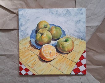 Oil painting of still life with apples and lemon, Painting for the kitchen