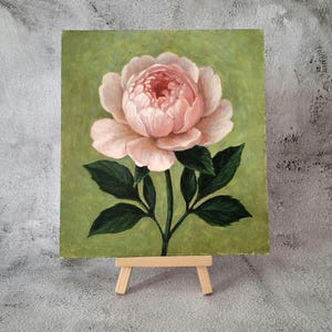 Vintage stijl schilderij van roze pioenroos op karton, mini-oliekunstwerk, botanisch huisdecor, handgeschilderd origineel schilderij, oliebloembloemkunst