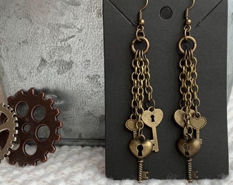 Handmade bronze skeleton key earrings-Mothers Day gifts-dangle earrings-key earrings-statement earrings