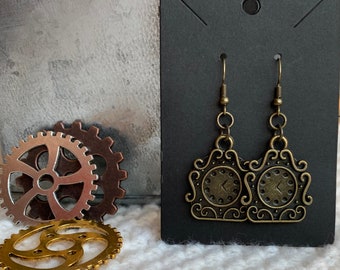 Handmade bronze clock earrings-dainty earrings-Mothers Day gift-clock earrings-vintage earrings