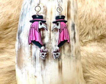 Handmade hypoallergenic sterling silver plague doctor earrings-halloween earrings-bird skull earrings-plague doctor mask earrings