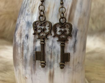 Handmade bronze skeleton key earrings-Mothers Day gifts-vintage earrings-key earrings-statement earrings