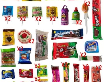 May include: A collection of individually packaged Mexican sweets, including Pulparindo, Skwinkles, Malvabón, and Bocadin. The sweets are arranged in rows and columns on a white background. Some of the packages have the quantity "x2" written on them.
