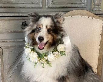 White Roses Eucalyptus Dog Wedding Wreath Wedding Flower Wreath, Dog Floral Wedding Wreath, Engagement Announcement Flower Wreath