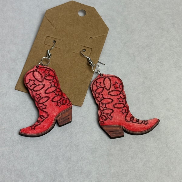 Red cowboy cowgirl boot wood earrings gift for her hand painted one of a kind