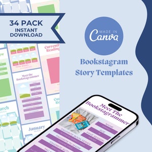 May include: A digital illustration of 34 bookstagram story templates. The templates are designed in a pastel color scheme with a variety of layouts and text boxes. The templates are perfect for book lovers to share their reading journey on social media.