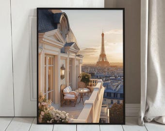 Romantic Paris Balcony View Elegant Wall Art Eiffel Tower Sunset Chic French Aesthetic Poster France Travel Lover Scenic Landscape Print