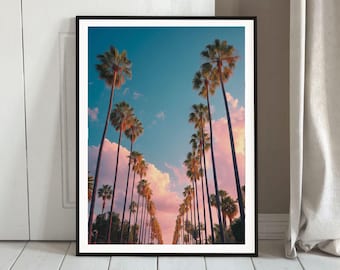 California Sunset Palm Trees Wall Art Pink Sky Tropical Print Dream Landscape Poster Coastal Nature Photography For Boho Or Modern Home