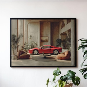 Red Ferrari Retro Modern Moody Wall Art Car Lover Masculine Housewarming Gift Poster Brutalist Interior Aesthetic Architecture Print