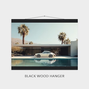 Vintage Porsche by Palm Springs Pool Aesthetic Wall Art Luxury Car Scenic Landscape Minimalist Poster Mid-Century Modern Car Lover Print Print + Black Wood Hanger