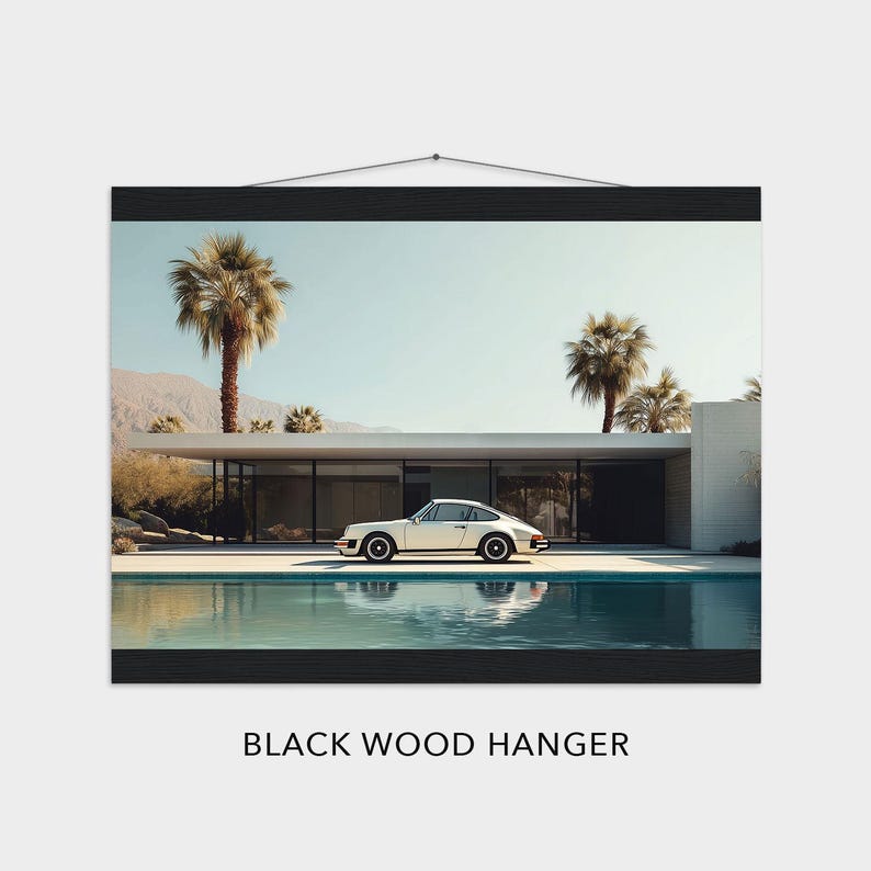 Vintage Porsche by Palm Springs Pool Aesthetic Wall Art Luxury Car Scenic Landscape Minimalist Poster Mid-Century Modern Car Lover Print Print + Black Wood Hanger