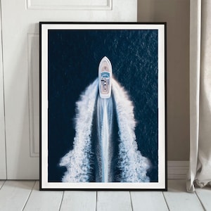 Aerial Speedboat Ocean Wall Art Modern Coastal Nautical Masculine Housewarming Print Luxury Boat Minimalist Trendy Photography Poster