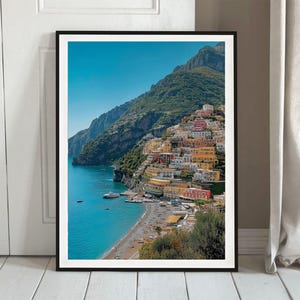 Arte de parede de viagem costeira de Positano, Itália, colorida, praia mediterrânea, paisagem cênica, pôster, costa de Amalfi, impressão moderna estética italiana