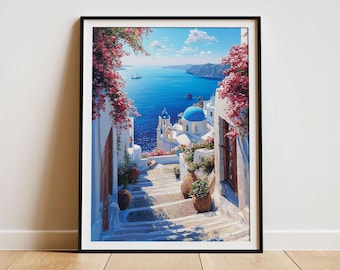 May include: Framed print of a scenic coastal village with white buildings, blue domes, and vibrant red flowers. The artwork depicts a pathway leading to the sea, with a clear blue sky and distant islands. The print is in a black frame.