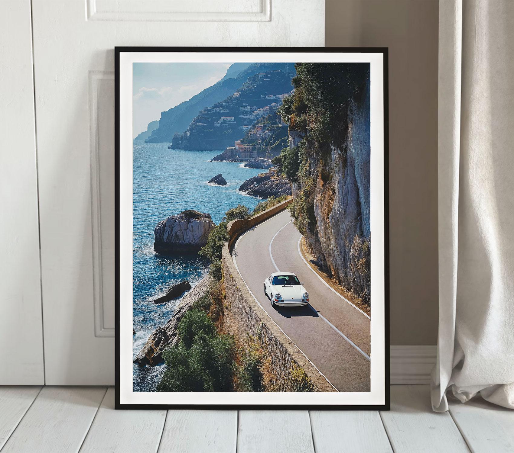 イタリアンアート SalvadoriArte #アートフレーム#壁掛けオブジェ Amalfi Coast White Porsche Wall Art Luxury Car Italy Seaside