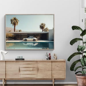 Vintage Porsche by Palm Springs Pool Aesthetic Wall Art Luxury Car Scenic Landscape Minimalist Poster Mid-Century Modern Car Lover Print image 3