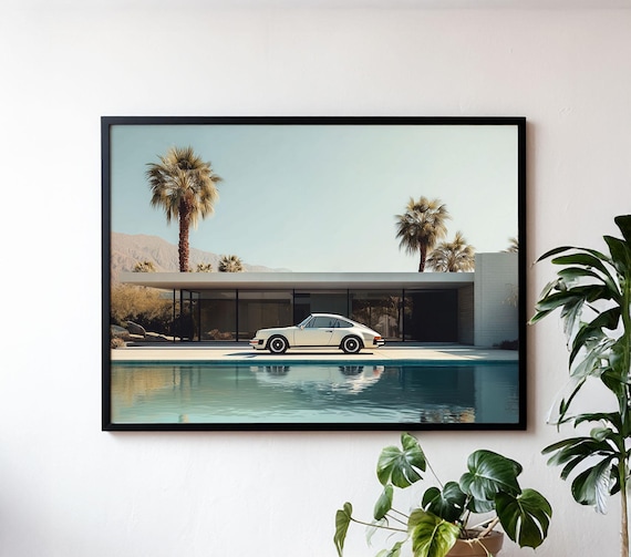 Vintage Porsche by Palm Springs Pool Aesthetic Wall Art Luxury Car Scenic Landscape Minimalist Poster Mid-Century Modern Car Lover Print