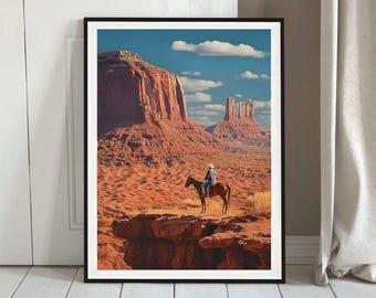 Cowboy on Horse Desert Wall Art Monument Valley Western Landscape Photography Poster Rustic Southwest Aesthetic Country Travel Print
