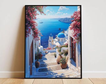 Santorini Greece Coastal Scenic Landscape Wall Art Greek Island Blue White Seaside Painting Poster Dreamy Aegean Sea Travel Lover Print