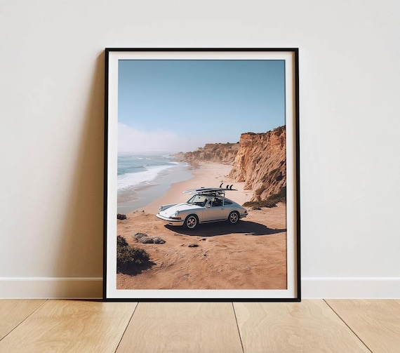 Vintage White Porsche on Beach Scenic Landscape Wall Art Coastal Sports Car Lover Retro Masculine Poster Malibu California Modern Print
