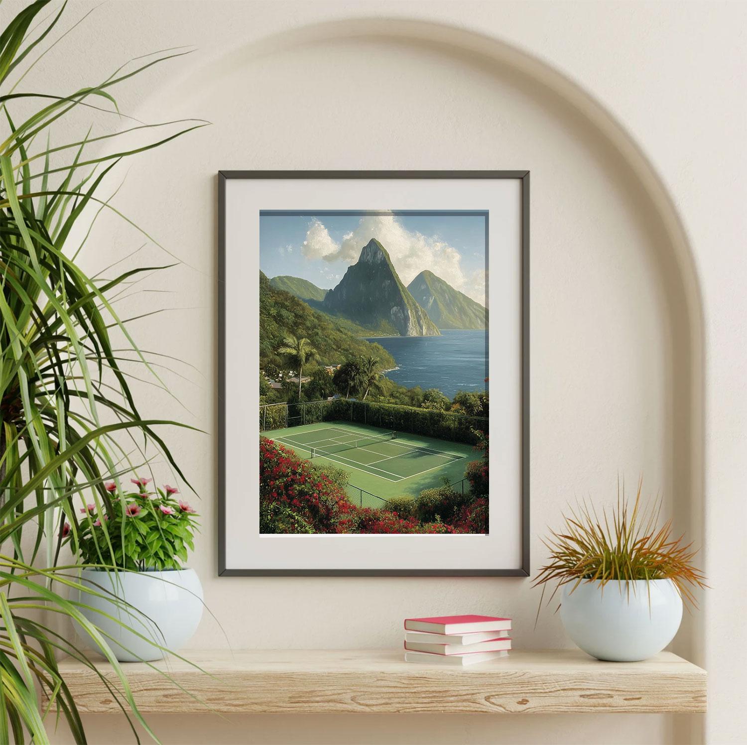 Tropical Tennis Court Ocean Scenic Landscape Wall Art St. Lucia