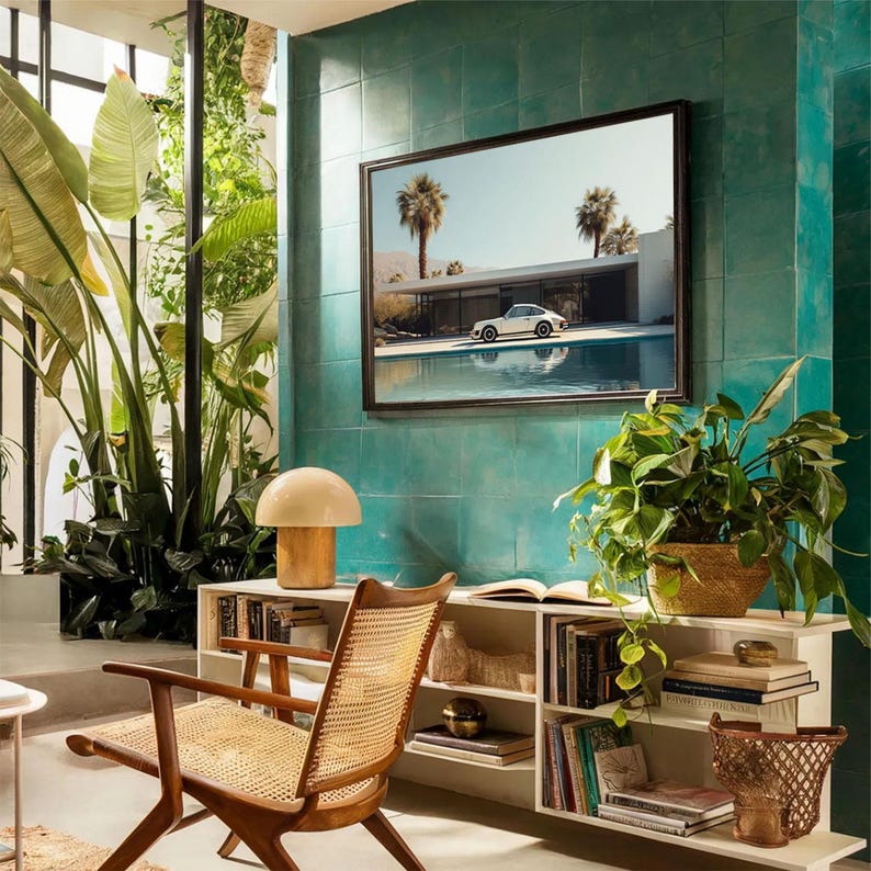 May include: A mid-century modern living room with a framed picture of a white car parked near a pool. The room features a wooden chair with a woven seat, a mushroom-shaped lamp, and a white bookshelf filled with books and plants. The wall is tiled in a teal color.