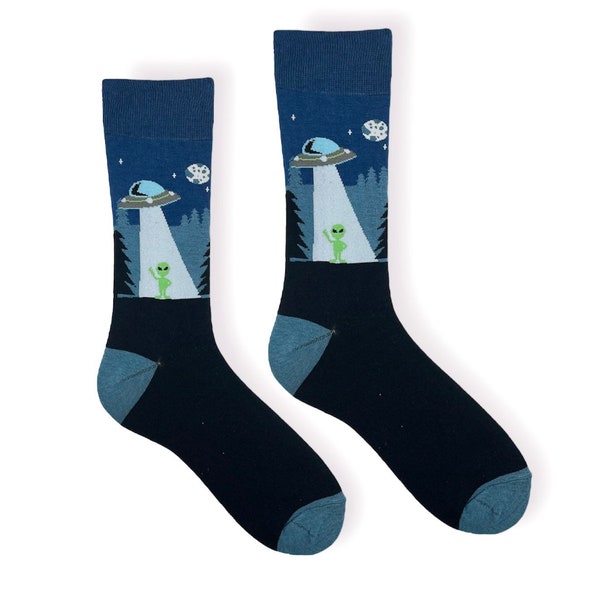 UFO alien Socks | Happy alien Socks | Mens Socks | Womans Socks | Christmas secret Santa gift socks | spaceship novelty socks