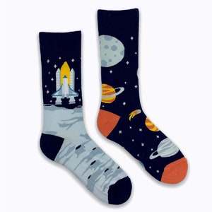Space socks, mismatched gift socks, astronomy present, space ship planet gift, gift socks for him, birthday socks