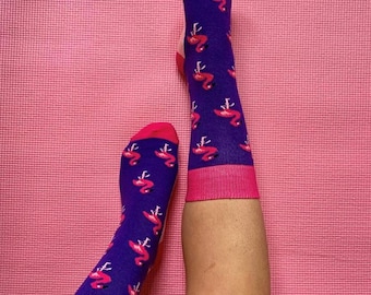Pink flamingo novelty gift socks, secret Santa stocking filler present, fun Christmas sock ideas